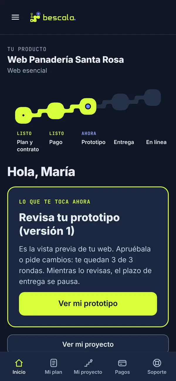 El portal de un cliente en el celular: dice «Lo que te toca ahora: revisa tu prototipo» y muestra en qué paso va su web.
